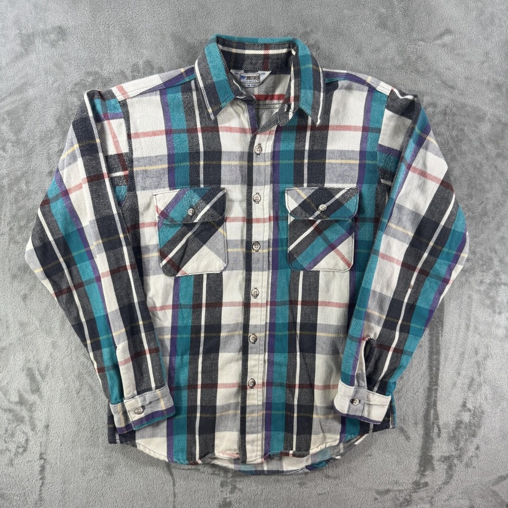 VTG 70s Five Brothers Shirt Mens S/M Multicolor Plaid Flannel Button Up USA